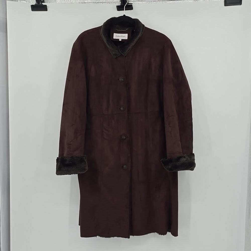 Calvin Klein Faux Fur Brown Midi Coat Women's Size XL.